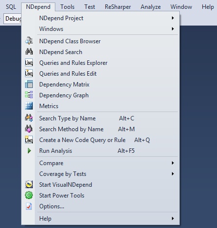 NDepend's main menu in Visual Studio